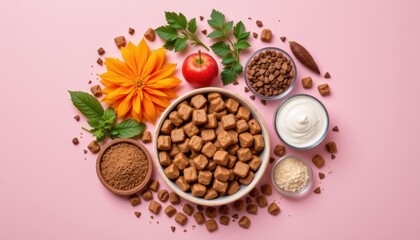 Colorful Arrangement of Various Ingredients Including Cereal, Fruits, and Spices on a Pink Background