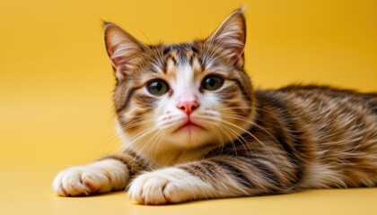Obraz premium Curious Tabby Cat Relaxing on a Yellow Background with a Soft Expression and Whiskers