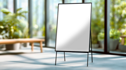 Poster mockup on easel in modern interior space with natural light and green plants, ideal for branding, art display, and creative presentations