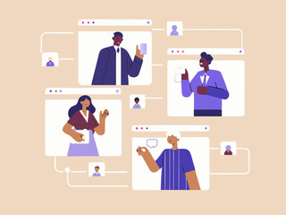 Virtual Meeting Illustration with Diverse People Connecting Online Flat Design Style Modern Communication and Collaboration Technology Business Conference