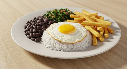 Brazilian meal with rice, beans, fried egg and fries