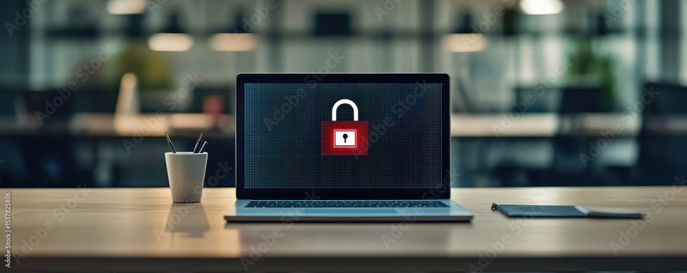 Aufkleber laptop displaying padlock symbol on screen, symbolizing cybersecurity and data protection in modern 
