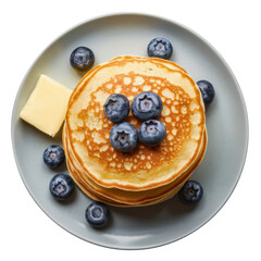 A stack of fluffy pancakes topped with fresh blueberries and a pat of butter, arranged on a round gray plate.