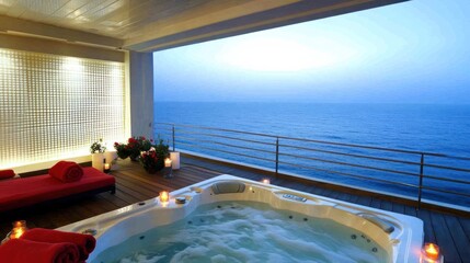 Obraz premium Ocean view hot tub on a luxury balcony.