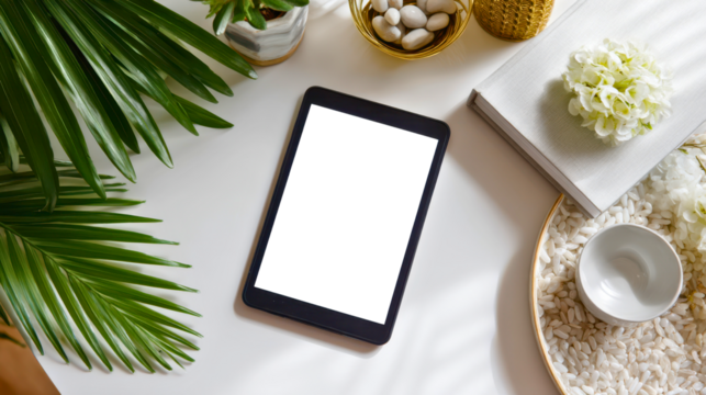 Digital tablet with white or transparent screen on white background, palm shadows and green leaf create clean modern design for tech or product mockups