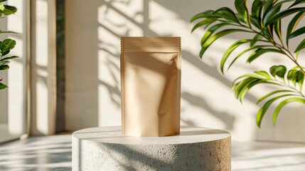 mockup of kraft paper pouch standing upright on a concrete block, neutral tones, realistic texture detail, blank label space centered, soft ambient light, organic eco-packaging concept, subtle