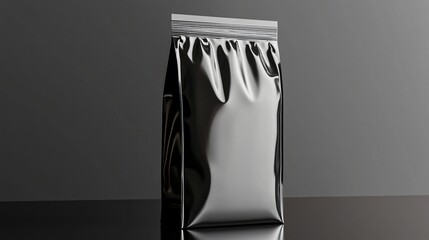 modern packaging mockup for coffee beans in flat-bottom bag, zip-lock top, subtle reflection on glossy black background, soft studio light, realistic shadows, blank front panel, professional
