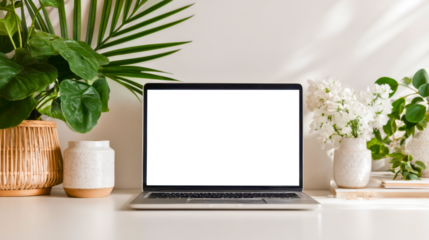 Clean modern office with white or transparent screen laptop and coffee on a desk, sunrise light through large windows, urban cityscape background, ideal for tech mockups