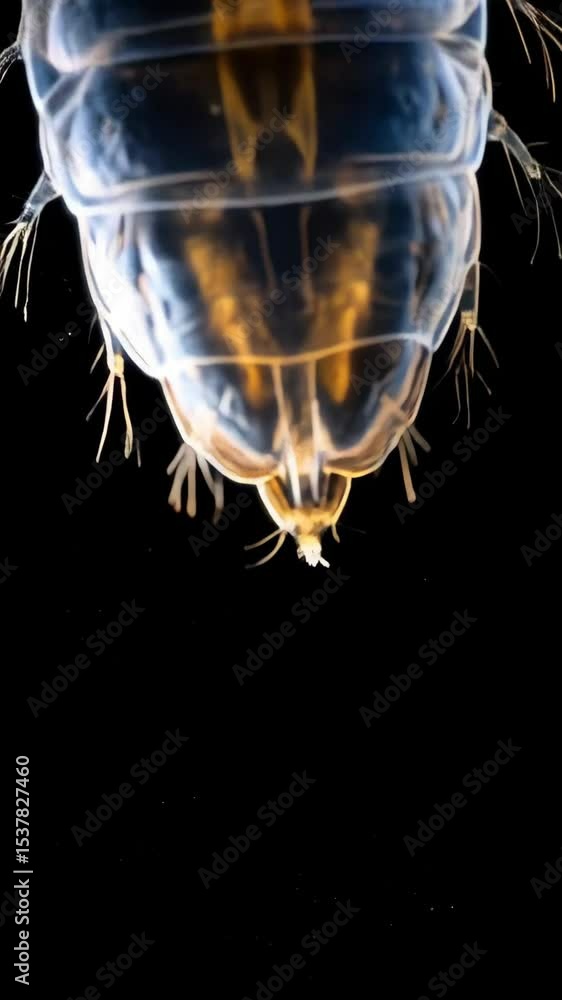 Poster extreme close-up of translucent crustacean with segmented body and long setae on a black background