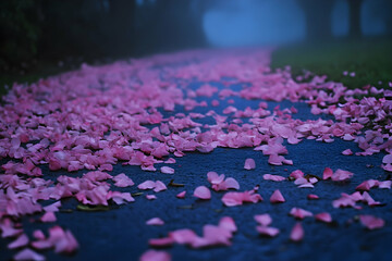 Pink flower petals covering a pathway.