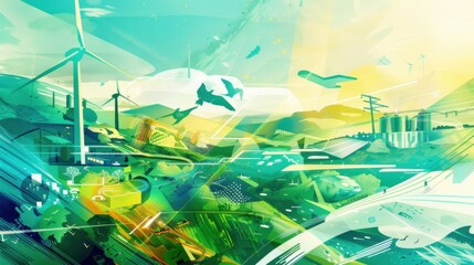A dynamic illustration of a green energy transition timeline, depicting the evolution from fossil fuels to renewable energy sources like solar, wind