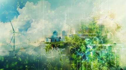 A dynamic illustration of a green energy transition timeline, depicting the evolution from fossil fuels to renewable energy sources like solar, wind