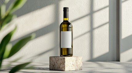 modern label mockup for olive oil bottle, standing on stone block pedestal, blank vertical label zone, sunlight from the left, natural shadows, premium gourmet branding tone