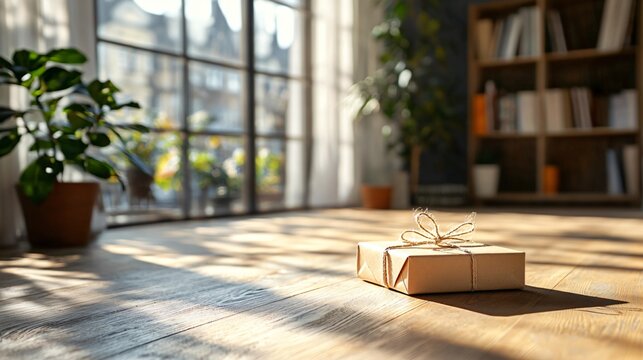 biodegradable packaging mockup with jute string seal, rustic wood background, blank tag label in focus, daylight coming from window, warm earthy composition