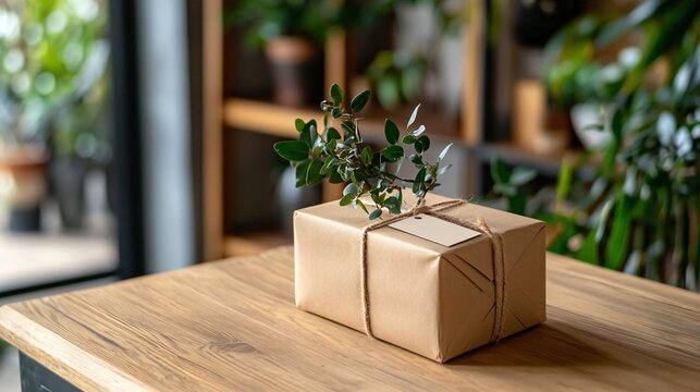 biodegradable packaging mockup with jute string seal, rustic wood background, blank tag label in focus, daylight coming from window, warm earthy composition