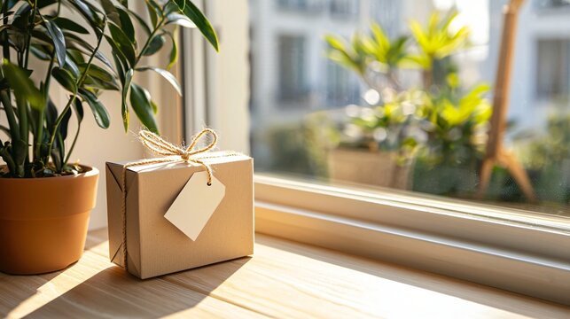 biodegradable packaging mockup with jute string seal, rustic wood background, blank tag label in focus, daylight coming from window, warm earthy composition
