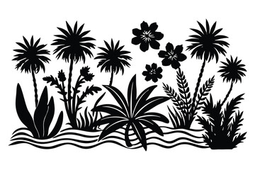 Decorative Silhouette Artwork of Wild Tropical Foliage, Beach Flora, and Palm Trees for a Nature-Themed Background or Illustration.eps