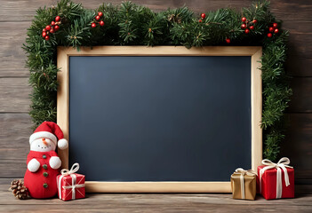 Christmas chalkboard and decoration over wooden background.