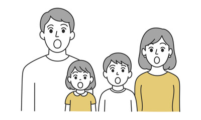 驚く表情の家族イラスト（父母と子供）