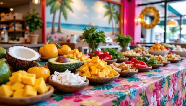 Vibrant tropical buffet table with fresh fruits and colorful dishes in a lively beachside restaurant with ocean view and lush decor for tropical themed events