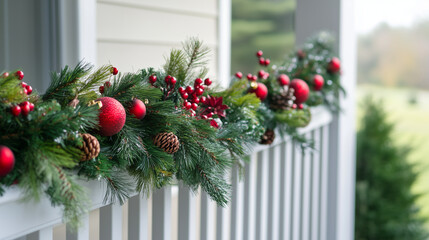 Red and Green Garland Draped Over Summer Patio Railing - Halfway to Christmas