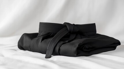Folded black martial arts uniform with black belt on white fabric.
