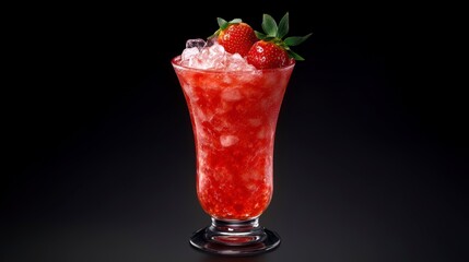 Refreshing strawberry frozen drink in elegant glass, garnished with fresh strawberries and mint.