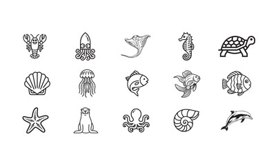 Simple and clean black and white illustrations of various marine animals and sea creatures.
