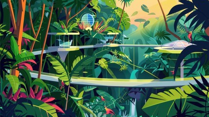 Obraz premium A dynamic illustration of a green technology hub in a tropical rainforest, featuring canopy walkways and solar-powered research stations, surrounded by diverse flora and fauna