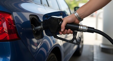 Close-up of a hand holding a fuel nozzle while refueling a modern car at a gas station, focus on the nozzle and hand, blurred background, natural daylight, clean and realistic setting, transportation 