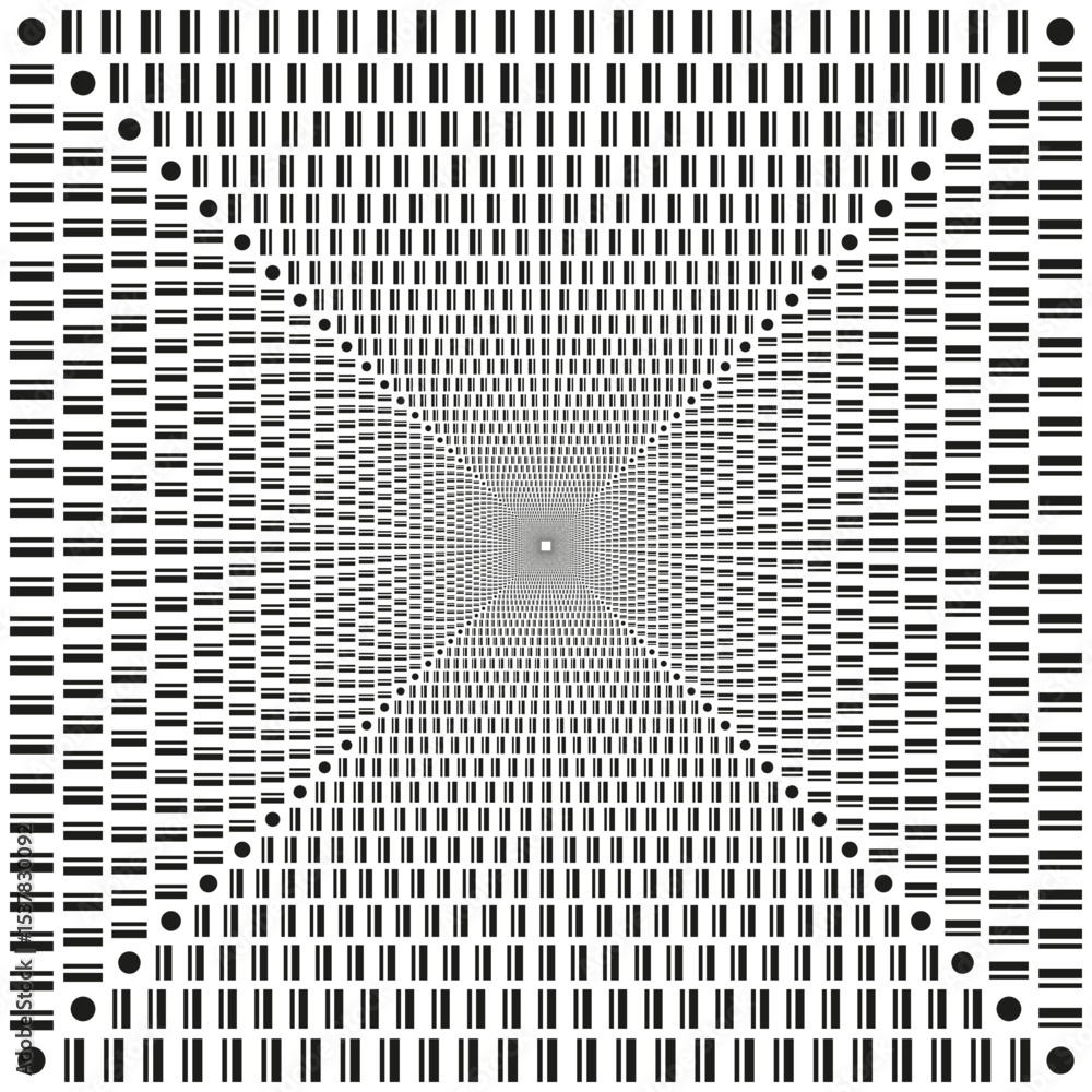 Poster expanding grid pattern. central illusion design. black square motion. vector linear perspective.