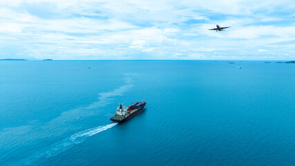 Aerial view of the freight shipping transport system cargo ship container. international...