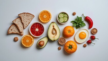 Colorful Healthy Breakfast Spread with Sliced Toast Fruit Eggs Vegetables Nuts and Seeds on Light Background