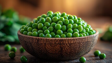 Fresh green peas in a wooden bowl