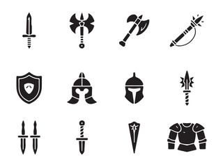 A set of black and white silhouettes depicting various medieval weapons and armor vector art on white