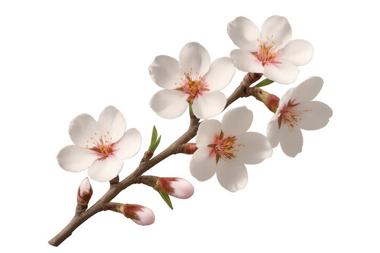 Almond branch blossoming with delicate white flowers, buds, and green leaves on a transparent background