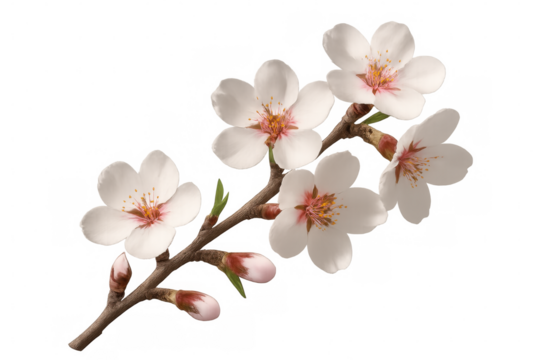 Almond branch blossoming with delicate white flowers, buds, and green leaves on a transparent background