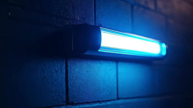 Close-up of blue fluorescent light on dark brick wall