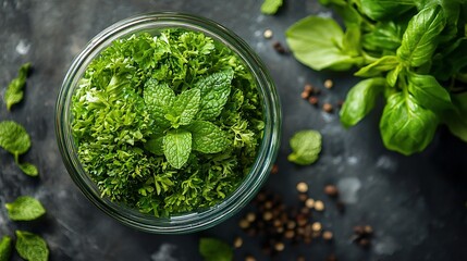 Fresh herbs in a glass bowl