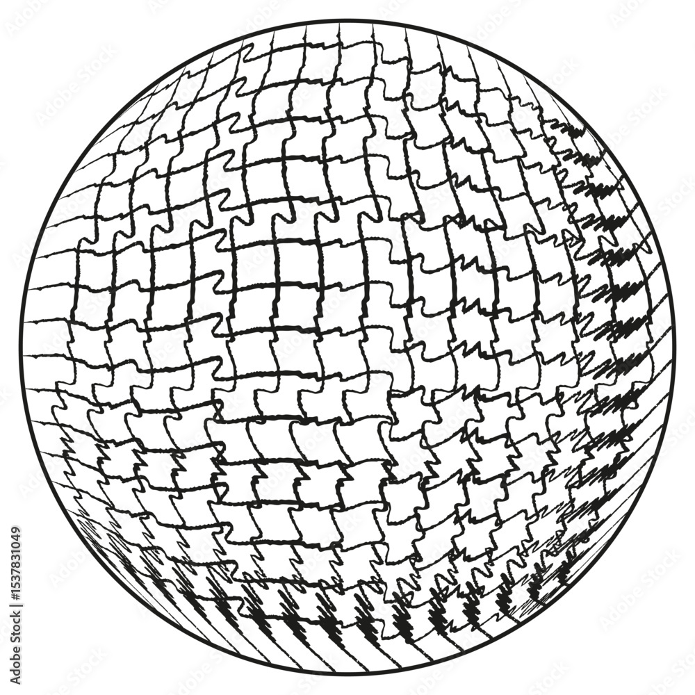 Poster broken grid sphere. irregular mesh vector. optical 3d distortion. white contour on black.