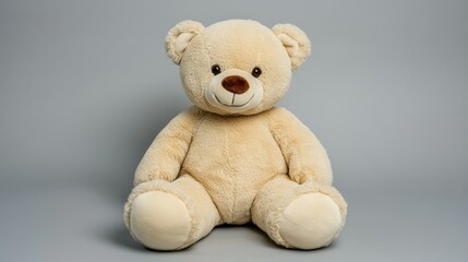 Obraz premium Plush, beige teddy bear sitting against a grey backdrop