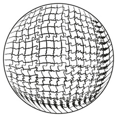 Broken grid sphere. Irregular mesh vector. Optical 3d distortion. White contour on black.
