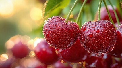 Fresh, juicy cherries covered in dew drops
