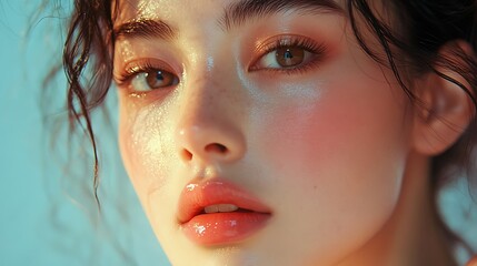 Cinematic editorial image showing the lower half of an Asian woman’s face, flushed cheeks and glossy lips with radiant skin, soft studio lighting casting warm highlights, minimal background.