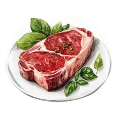 Fototapeta premium Meat Watercolor. Realistic Food Illustration of Fresh Beef Steak on White Background