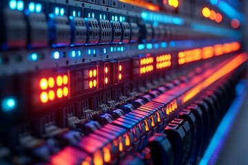 Illuminated server rack displaying red and blue lights indicating data processing and activity