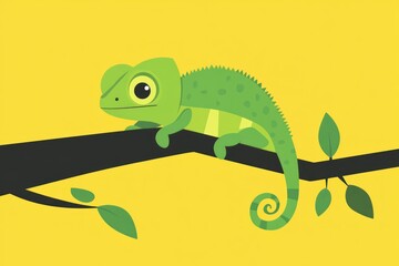 Fototapeta premium Cute green chameleon on branch, bright yellow background