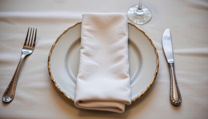 Elegant table setting with a white cloth napkin on a decorative gold-rimmed plate, accompanied by a fork and knife, on a cream-colored tablecloth with a glass of water