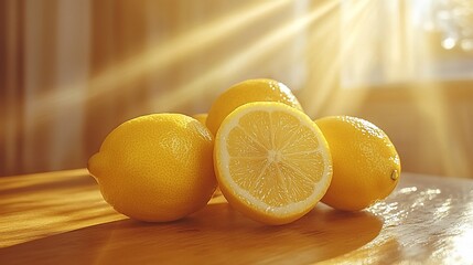 Fresh lemons on a wooden surface, sunlit
