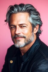 Obraz premium Concept art of style for aging men. Fashionable men's shoulder-length taper haircut - midlife white man with grey hair. A happy man in a studio photo. Pink solid background.